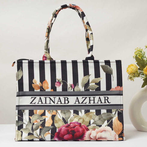 Customized Floral Printed Black & White Handheld Box Bag - Uncommongifts.in